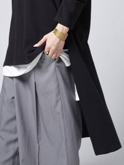 Casual Loose Solid Color Split-Side High-Low V-Neck Long Sleeves Sweatshirt