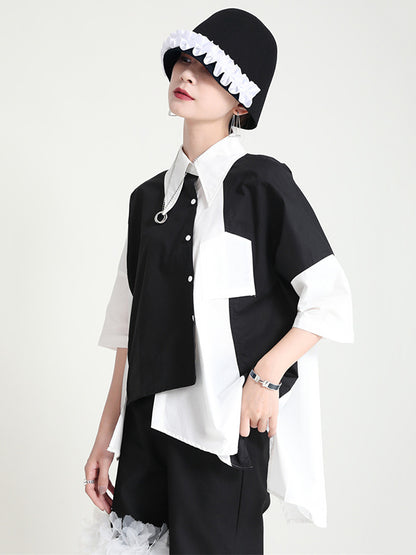 Urban Split-Joint Buttoned Asymmetric Lapel Blouses