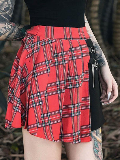 Punk A-Line  Contrast Color Plaid Split-Joint Skirts Bottoms