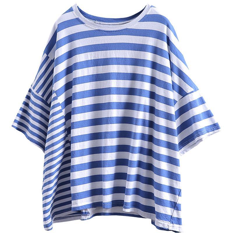 Cotton Striped Round Neck Casual Blouse
