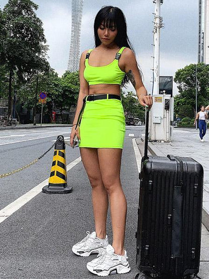 Buckle Cropped Tanks And Skirts Sport Suits