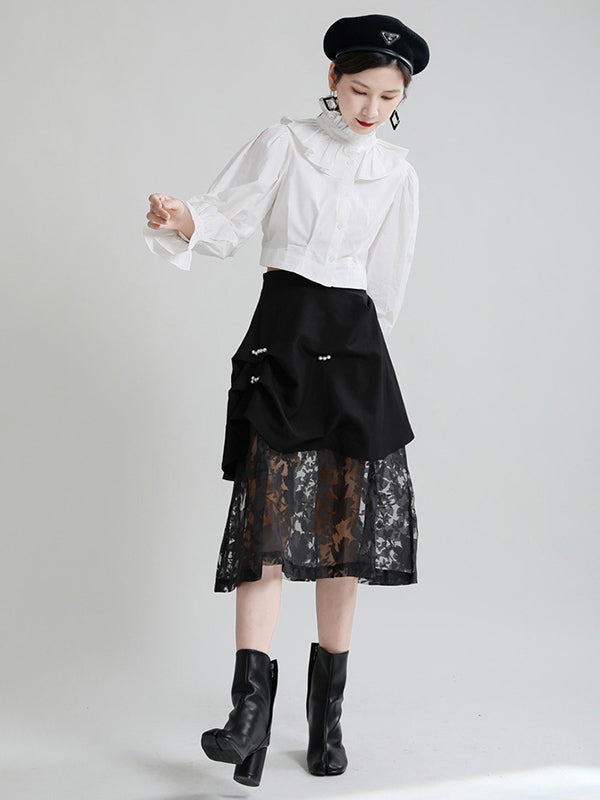 Stylish Solid Color Falbala Buttoned Pleated Stand Collar Long Puff Sleeves High-Waist Blouse