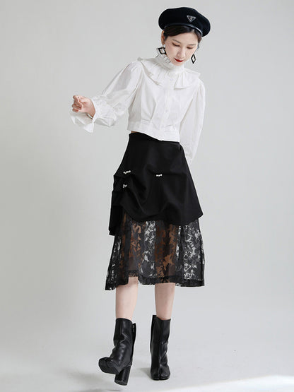 Stylish Solid Color Falbala Buttoned Pleated Stand Collar Long Puff Sleeves High-Waist Blouse