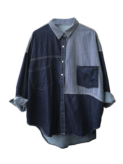 Casual Asymmetric Split-Joint Buttoned Lapel Long Sleeves Blouse Tops
