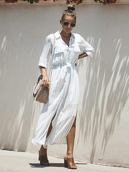 Simple Bohemia Striped Shirt Maxi Dress