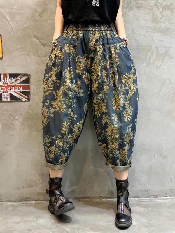 Vintage High-Waisted Floral Printed Harem Jean Pants Bottoms