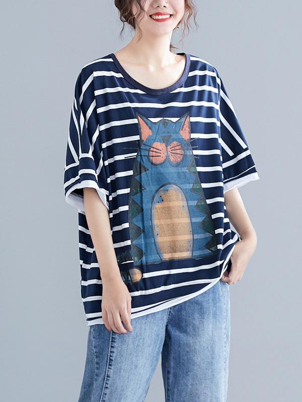 New Loose Oversize Printed Striped T-Shirt