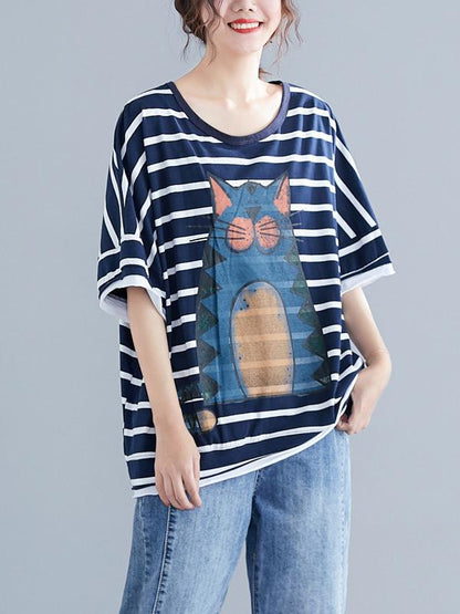 New Loose Oversize Printed Striped T-Shirt