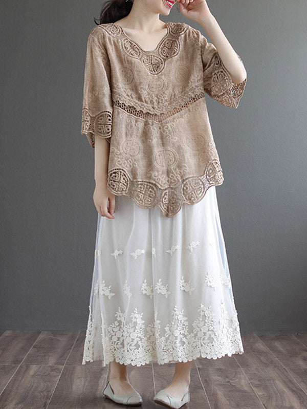Cotton Blend Embroidered  Hollow V-Neck T-Shirts Tops
