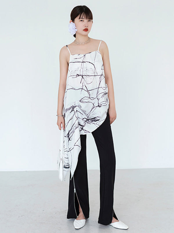 Vintage Printed Asymmetric Spaghetti-Neck Vest Top