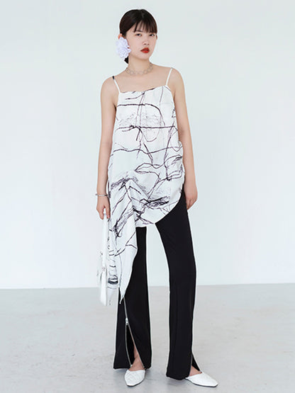 Vintage Printed Asymmetric Spaghetti-Neck Vest Top