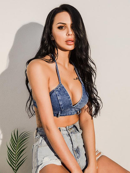 Sexy Lace-up V-neck Jean Sports Bra