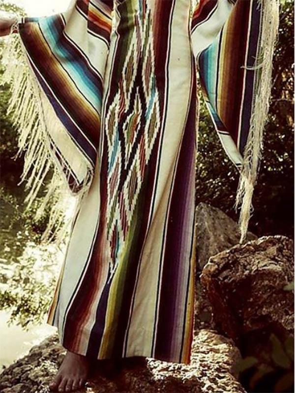 Tasseled Flared Sleeves Printed Maxi Dress
