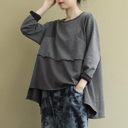 Buykud Striped Spliced O-Neck Long Sleeve Blouse