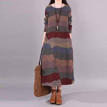 Buykud Wavy Colorful Stripes Retro Elegant Loose Dress
