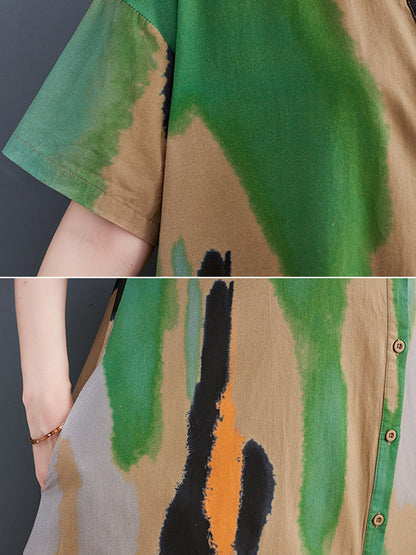 Artistic Retro Contrast Color Printed Midi Dress