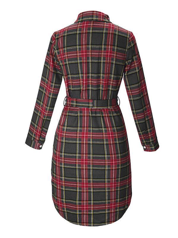 Polo Collar Checkered Belt Buckle Midi Shirt