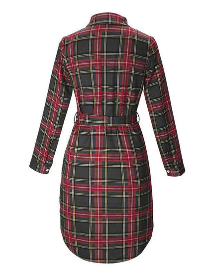 Polo Collar Checkered Belt Buckle Midi Shirt