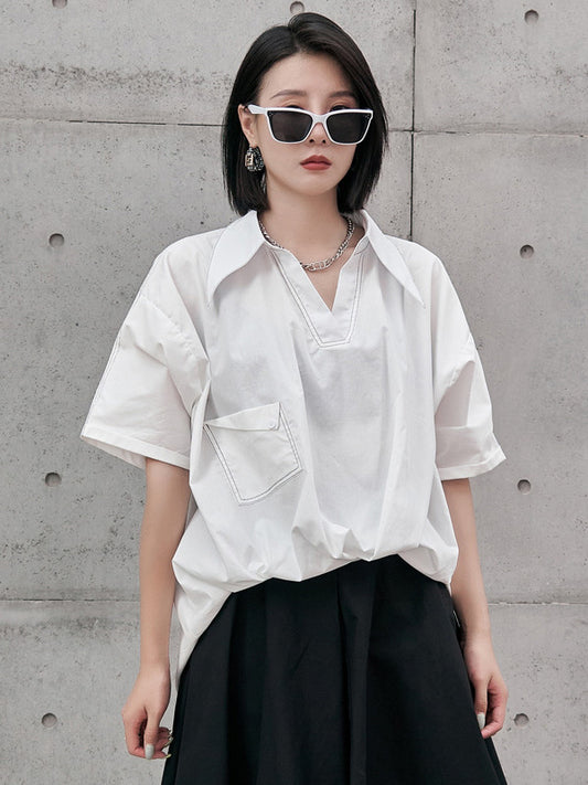 Urban Solid Color High-Low Batwing Sleeves Lapel V-Neck Shirts