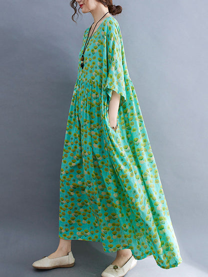 Summer Plant Printing Batwing Sleeves Split-Joint Round-Neck Long Dress