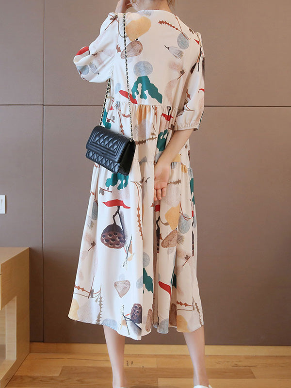 Original Printing Split-Joint V-Neck Midi Dress