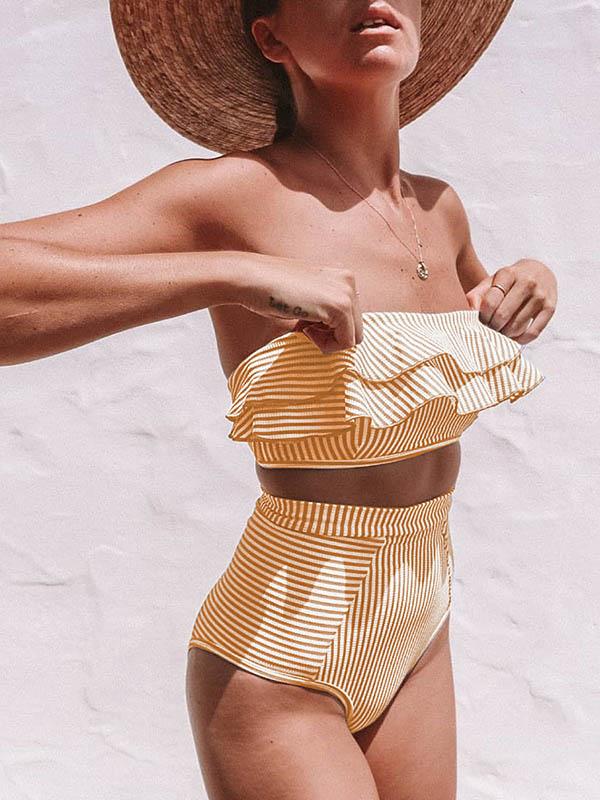 Falbala Tiered  Striped Bandeau Split Bikini Swimsuit
