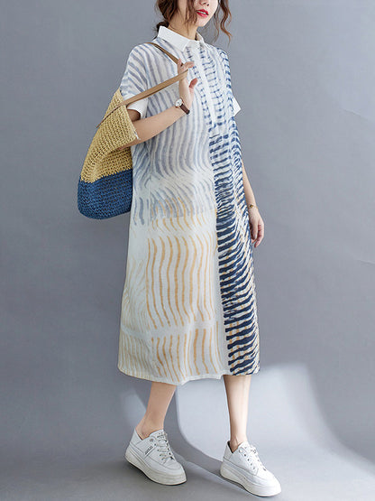 Original Printing Lapel Short Sleeve Split-Joint Shirt Dress