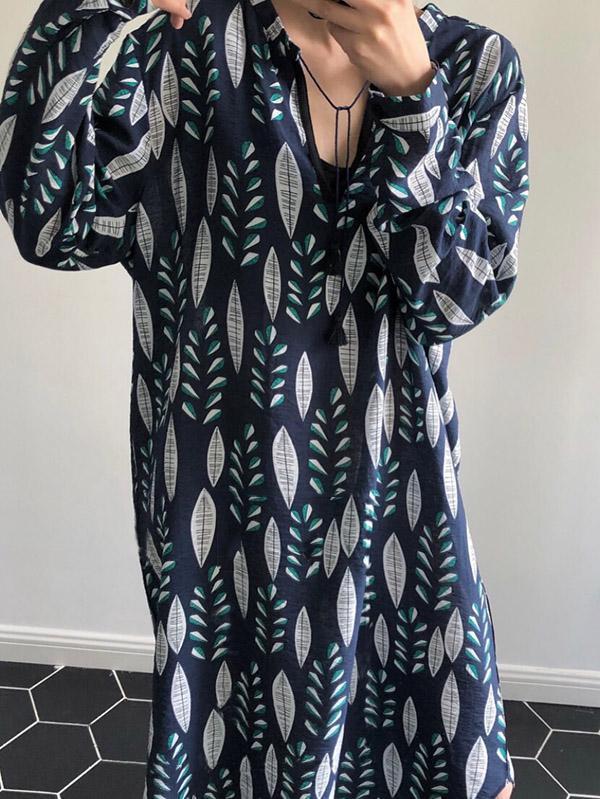 V-neck Leaf Pattern Loose Printed Midi Dresses