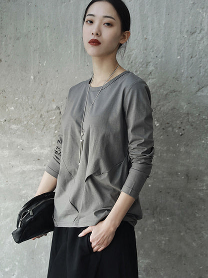 Casual Solid Color Pleated Long Sleeves Round-Neck T-Shirt Tops