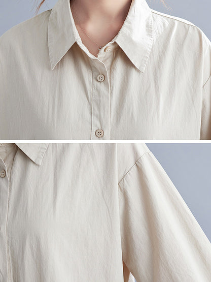 Casual Solid Color Pleated Buttoned Lapel Collar Long Sleeves Midi Shirt Dress
