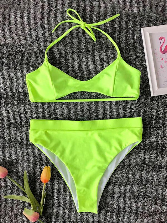 Solid Color Simple Bandage Split Bikini Swimsuit