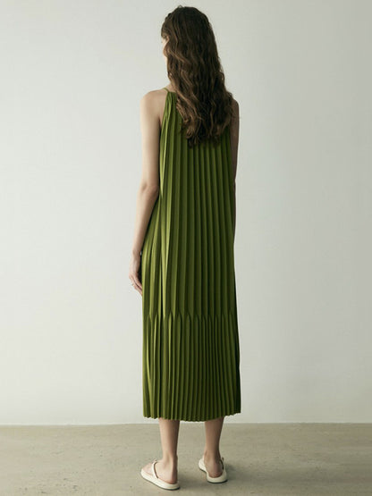 Fashion Spaghetti-Neck Solid Color Pleated Vest Dress Midi Dress