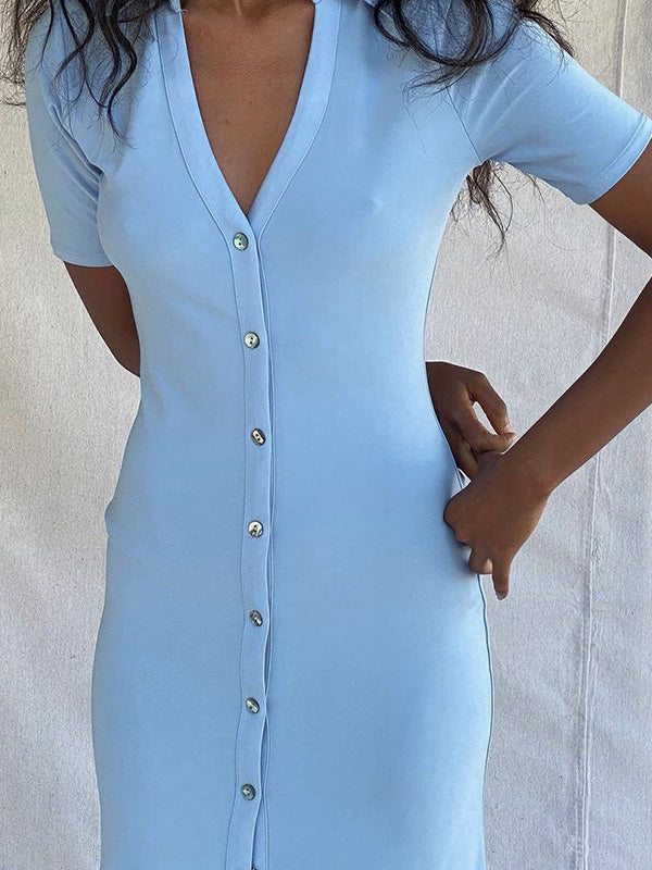 Simple Solid Color Lapel V-Neck Split-Front Midi Dress