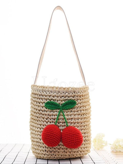 Cherry FurBall Pendant Straw Weaving Tote Bag