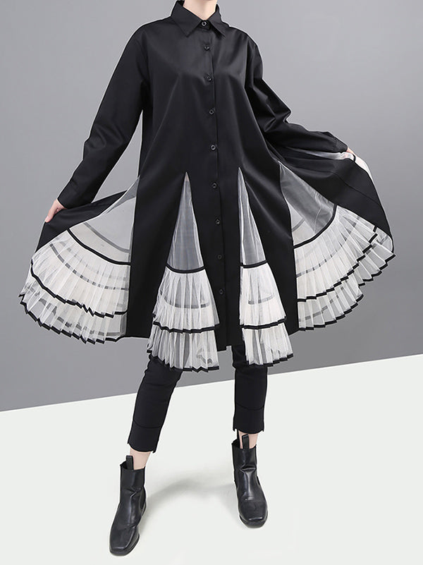 Loose Stitching Mesh Lapel Dress