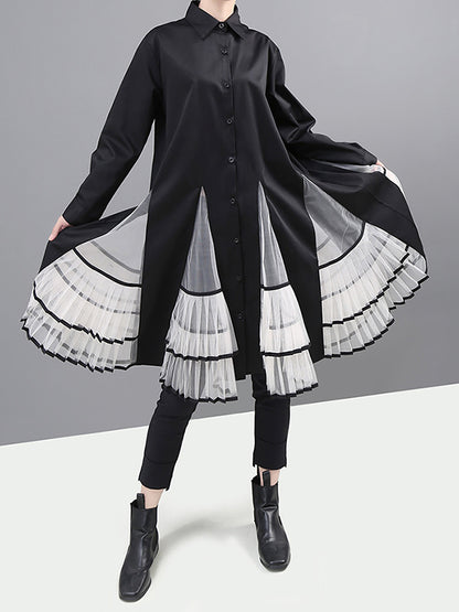 Loose Stitching Mesh Lapel Dress