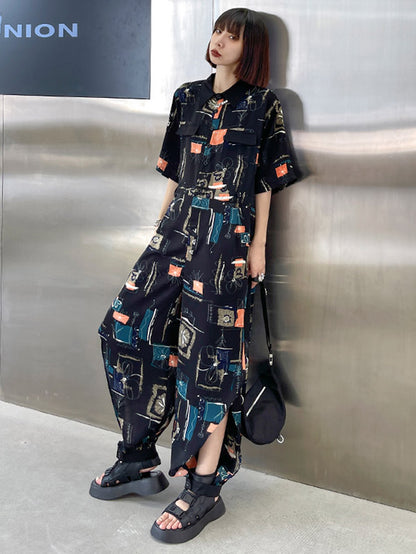 Stylish Printed Belted Split-Side Lapel Short Sleeves Jumpsuits