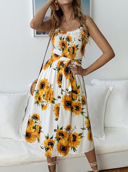 Sunflower Floral Spaghetti-neck Midi Dress