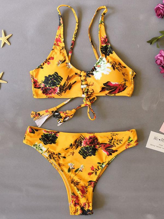 Yellow Printed Spaghetti Straps Bikinis Swimwear