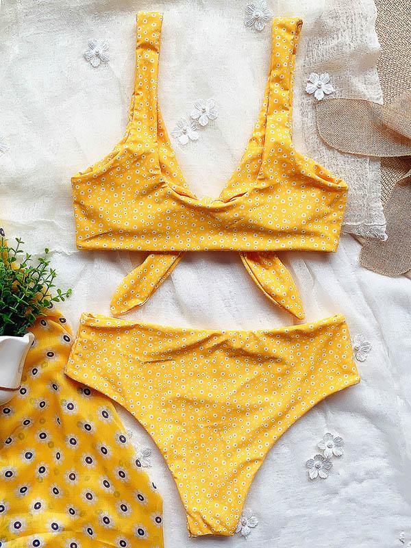 Floral-Print Knotted V-Neck Split Bikini Swimsuit