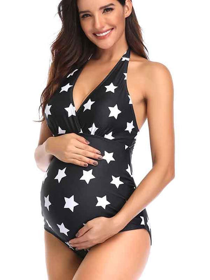 Maternity Halter Strapped Print One Piece Swimsuit