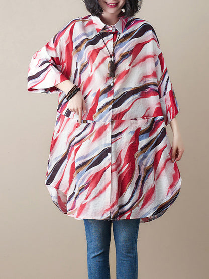 Artistic Retro Contrast Color Printed Split-Joint Blouse