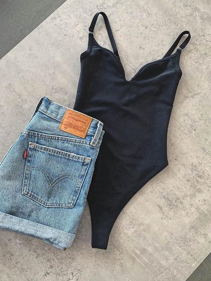 Sexy Big V-Neck Spaghetti-Neck Solid Color One-Piece Swimwear