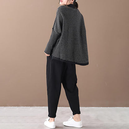 Buykud Loose Literary Half-high Collar Striped Knitted Shirt