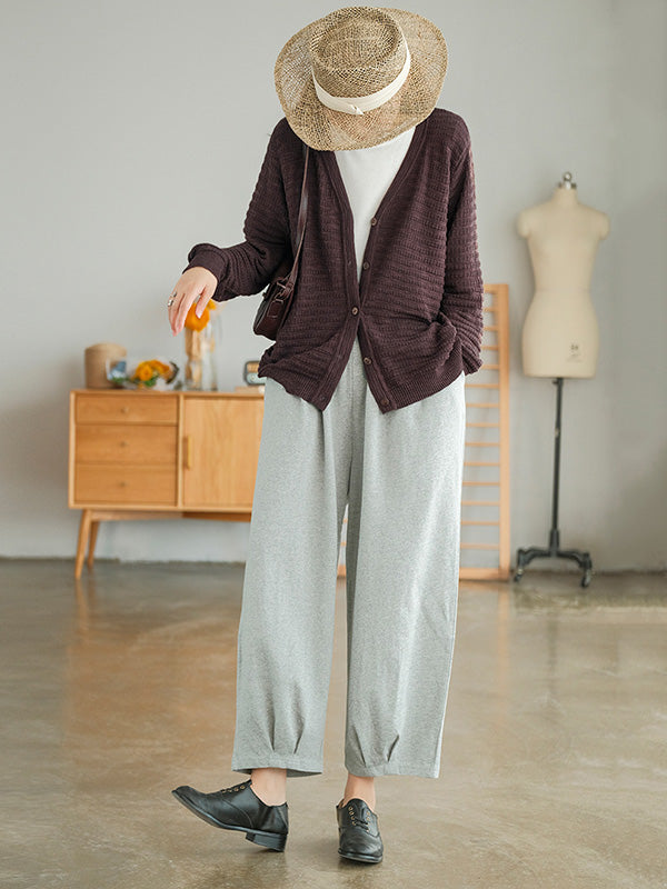 Casual Solid Color Buttoned V-Neck Long Sleeves Jacquard Knitted Cardigan