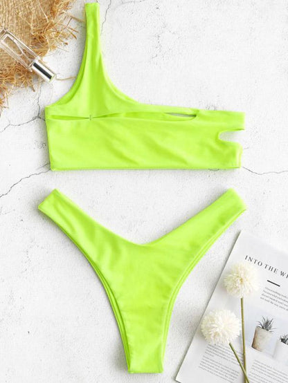 One Shoulder Plain Hollow Bikini Set