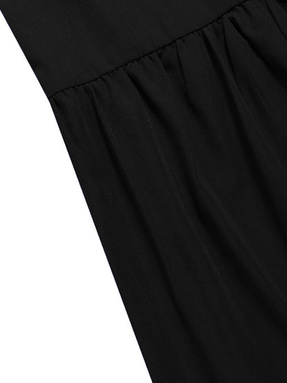 Original Solid Color Split-Joint Pleated Buttoned Stand Collar Half Puff Sleeves Midi Dress