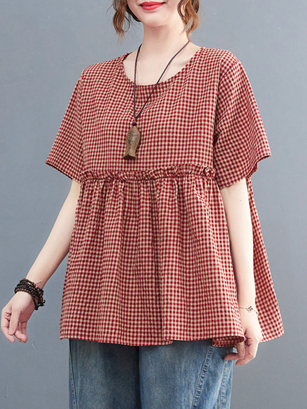 Artistic Retro Loose Plaid Ramie Cotton Falbala T-Shirt Top