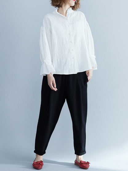 Jacquard Falbala Puff Sleeves Blouse