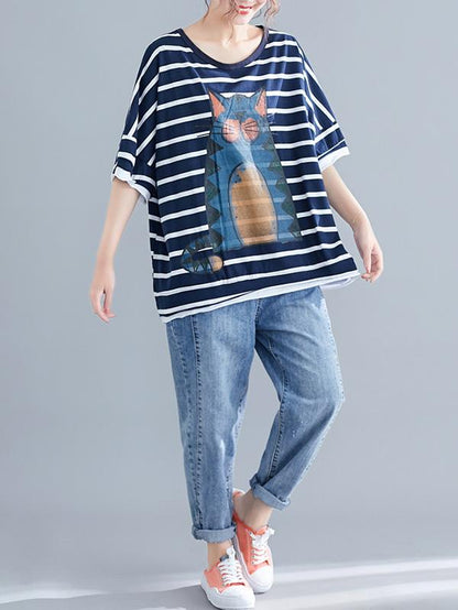 New Loose Oversize Printed Striped T-Shirt